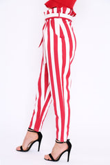 Red and White Striped Tie Waist Tapered Trousers - Dura-Trousers