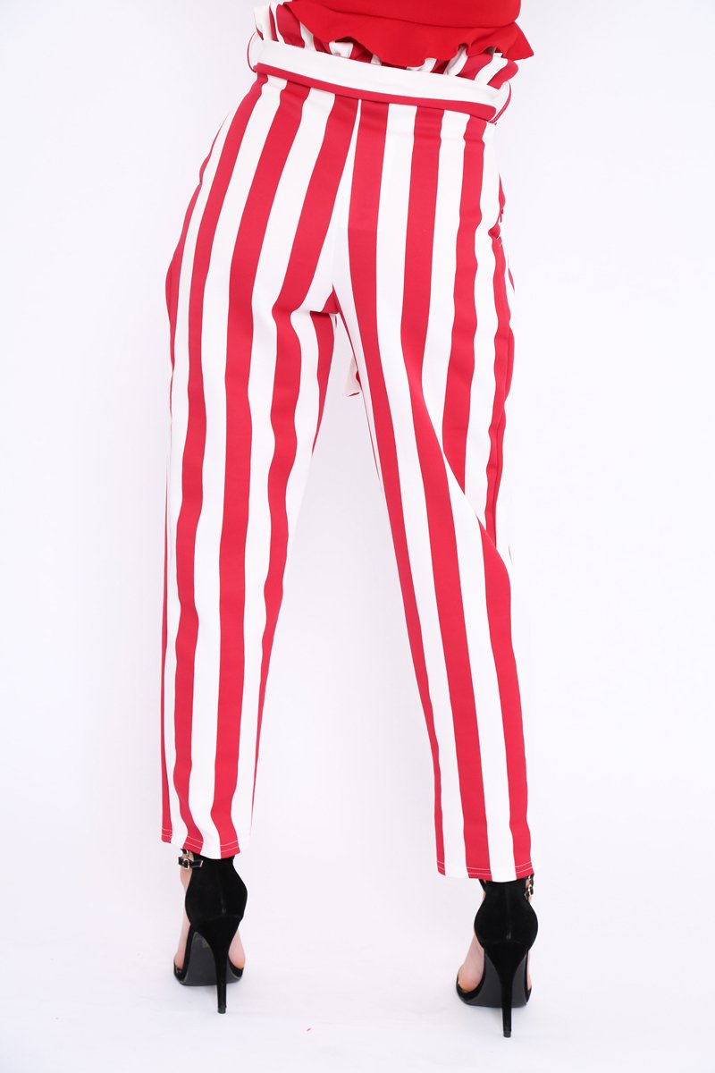 Red and White Striped Tie Waist Tapered Trousers - Dura-Trousers