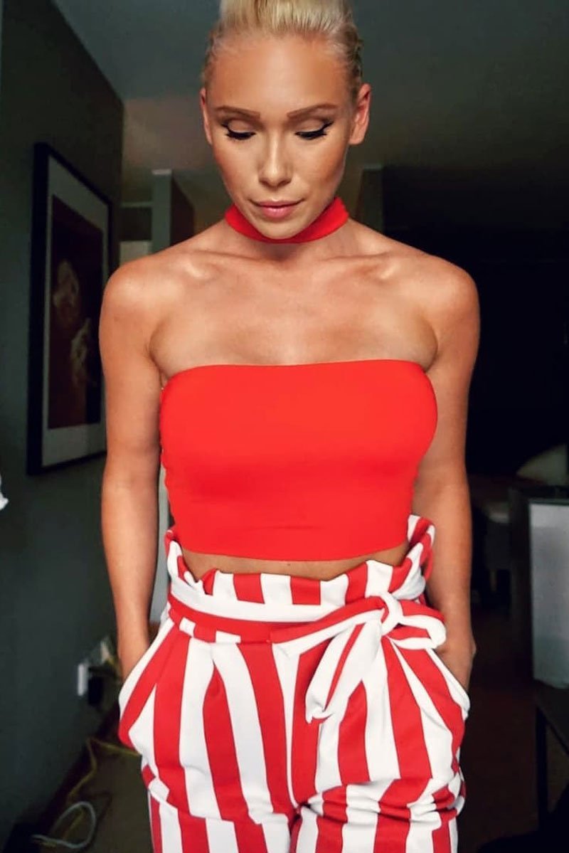 Red and White Striped Tie Waist Tapered Trousers - Dura-Trousers