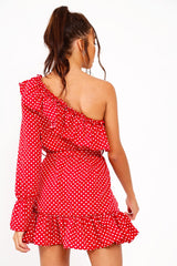 Red and white Polka Dot One Shoulder Frill Dress - Zyann-Dresses