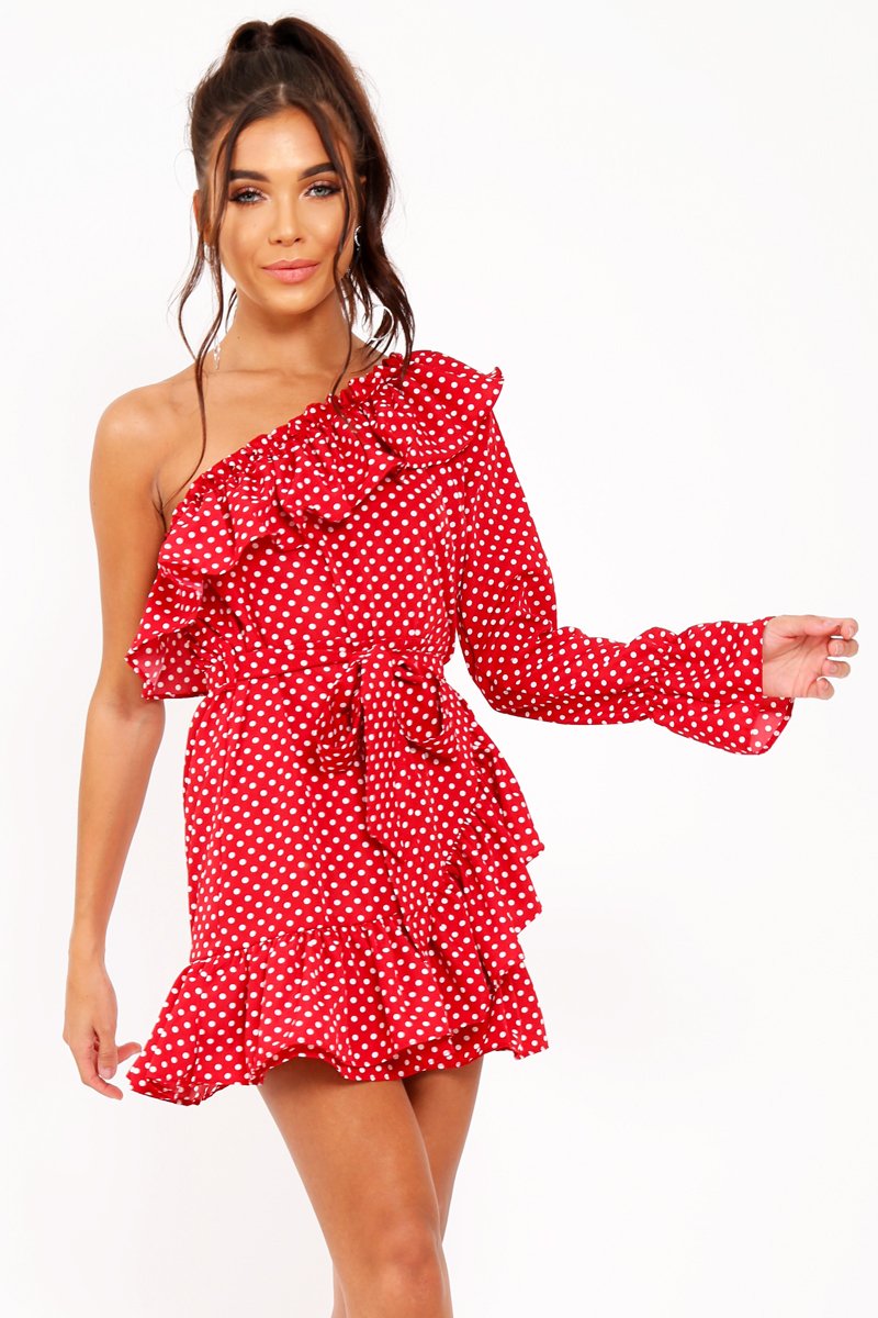 Red and white Polka Dot One Shoulder Frill Dress - Zyann-Dresses