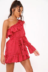 Red and white Polka Dot One Shoulder Frill Dress - Zyann-Dresses