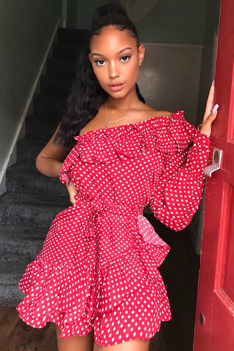Red and white Polka Dot One Shoulder Frill Dress - Zyann-Dresses