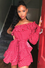 Red and white Polka Dot One Shoulder Frill Dress - Zyann-Dresses