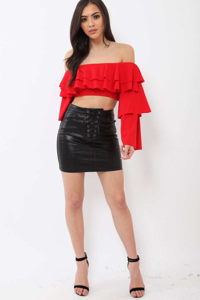 Red extreme Layered Frill Bardot Crop Top - Nevaeh-Crop Tops