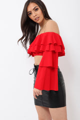 Red extreme Layered Frill Bardot Crop Top - Nevaeh-Crop Tops