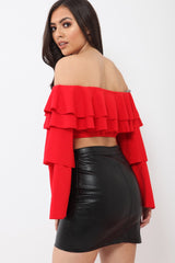 Red extreme Layered Frill Bardot Crop Top - Nevaeh-Crop Tops