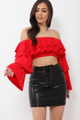 Red extreme Layered Frill Bardot Crop Top - Nevaeh-Crop Tops