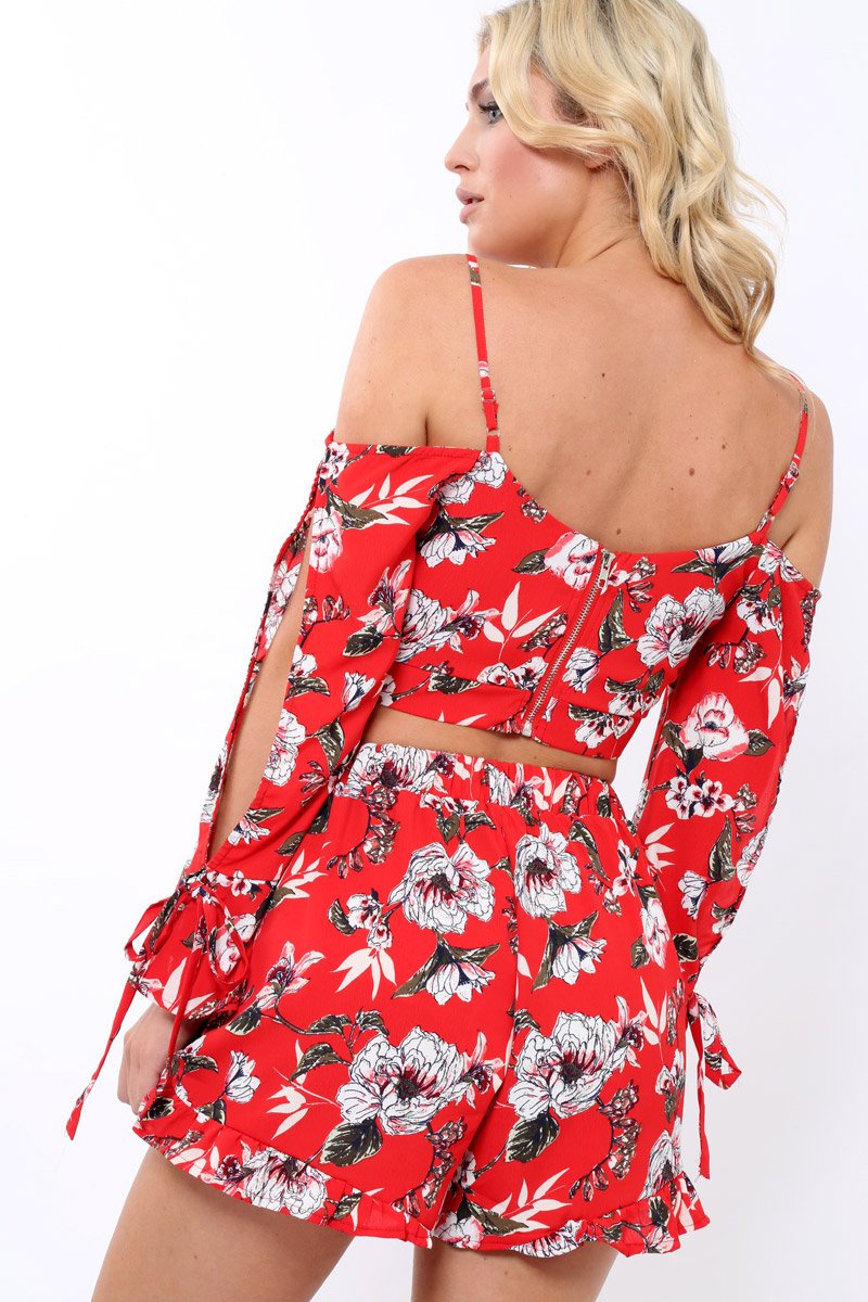 Red floral Cold Shoulder Co-ord set - Dahlia-Crop Tops