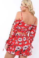 Red floral Cold Shoulder Co-ord set - Dahlia-Crop Tops