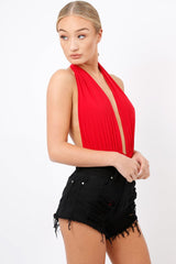 Red plunge Halterneck Bodysuit - Lona-Bodysuits