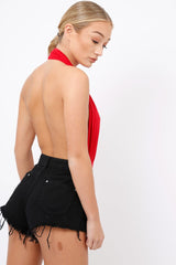 Red plunge Halterneck Bodysuit - Lona-Bodysuits