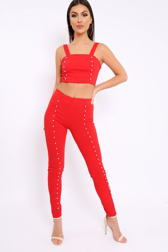 Red with Pearls Crop Top and Trousers Co-ord - Meridith