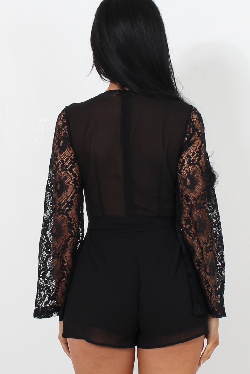 Renae Black Lace Sleeve Playsuit-Playsuits