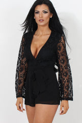 Renae Black Lace Sleeve Playsuit-Playsuits