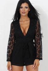 Renae Black Lace Sleeve Playsuit-Playsuits