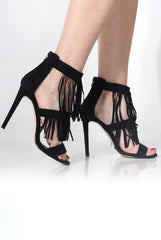 Reva Black Suede Tassel Heels-Heels
