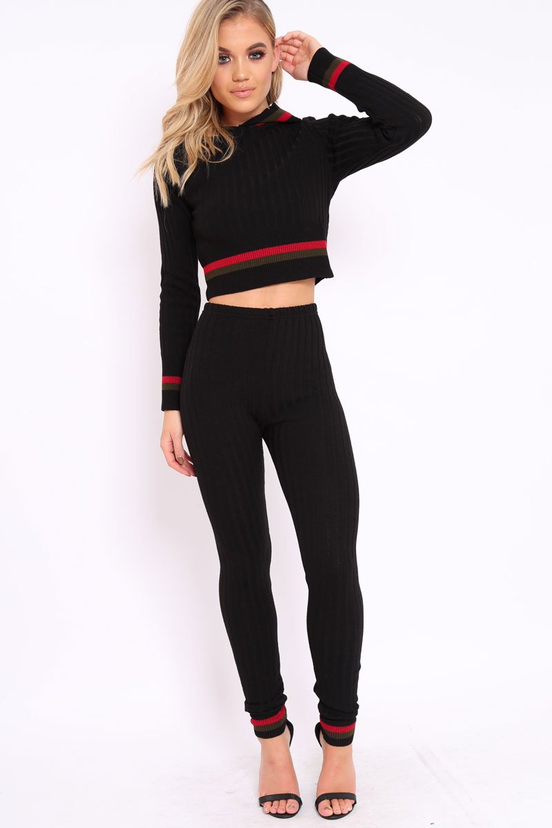 Ribbed Hooded Loungewear Set with Contrast Stripe - Maggy-Loungewear
