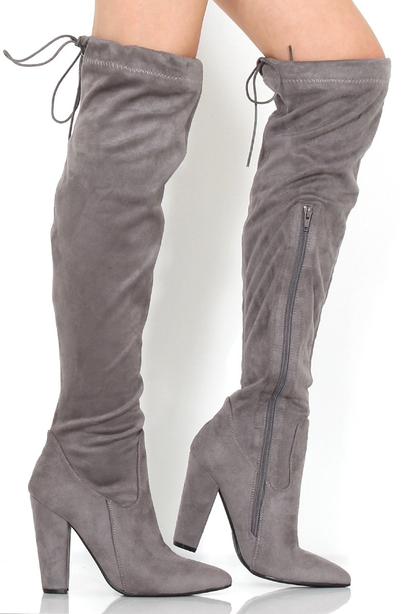 Rosah Grey Suede Over The Knee Boots-Boots