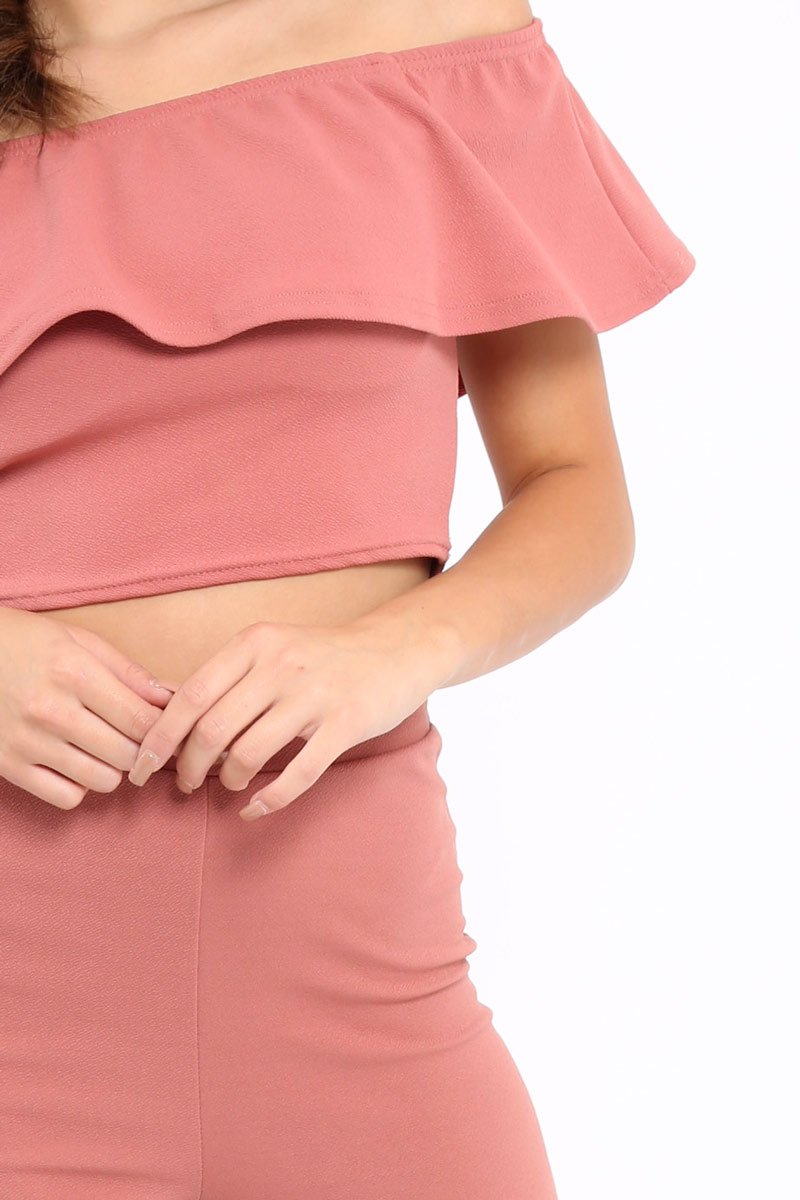 Rose Bardot Crop Top And Dip Hem Trousers Co-ord Set - Alexiah-Co-ords