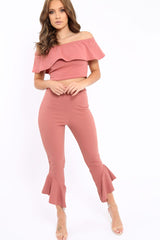 Rose Bardot Crop Top And Dip Hem Trousers Co-ord Set - Alexiah-Co-ords