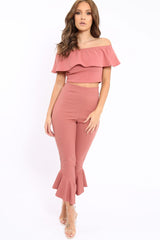 Rose Bardot Crop Top And Dip Hem Trousers Co-ord Set - Alexiah-Co-ords