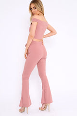 Rose Bardot Crop Top and Flare Trousers Co-ord - Cacie-Co-ords