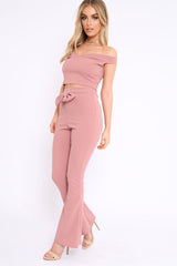 Rose Bardot Crop Top and Flare Trousers Co-ord - Cacie-Co-ords