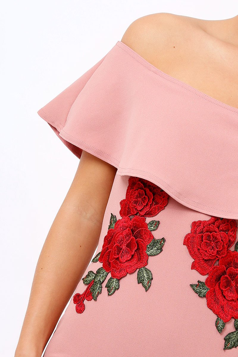 Rose Bardot Frill Bodycon Applique Dress - Leticia-Dresses