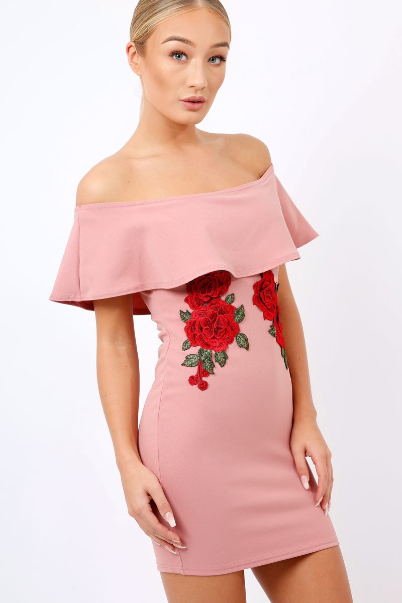 Rose Bardot Frill Bodycon Applique Dress - Leticia-Dresses