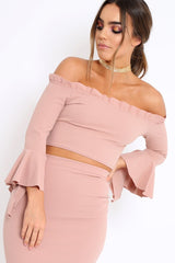 Rose Bardot Frill Crop Top with Flared Sleeves - Tiffy-Tops
