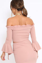 Rose Bardot Frill Crop Top with Flared Sleeves - Tiffy-Tops