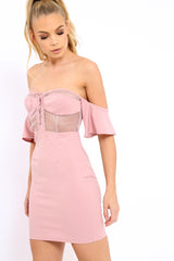 Rose Bardot Frill Lace up Front Bodycon Dress - Ciceley-Dresses