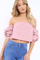 Rose Bardot Ruched Sleeve Crop Top - Corinne-Crop Tops