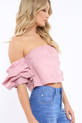Rose Bardot Ruched Sleeve Crop Top - Corinne-Crop Tops