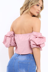 Rose Bardot Ruched Sleeve Crop Top - Corinne-Crop Tops