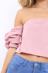 Rose Bardot Ruched Sleeve Crop Top - Corinne-Crop Tops