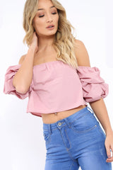 Rose Bardot Ruched Sleeve Crop Top - Corinne-Crop Tops