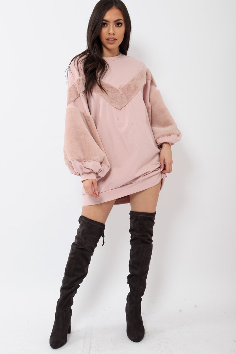 Rose Chevron Fur Jumper Dress - Esme-Tops