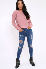 Rose Chunky Knit Distressed Jumper - Bella-Jumper
