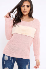 Rose Chunky Knit Faux Fur Front Panel Jumper - Ophelia-Knitwear