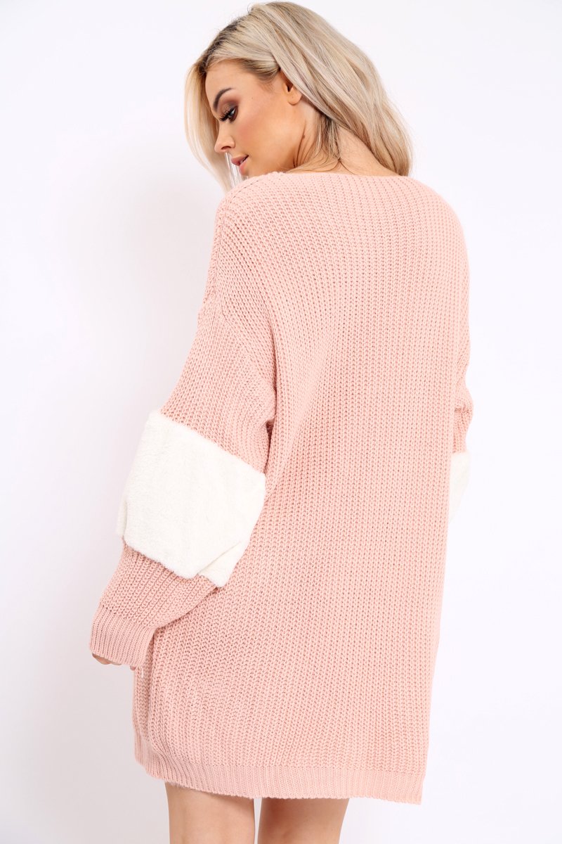 Rose Chunky Knit Fur Sleeve Jumper Dress - Jaycee-Knitwear