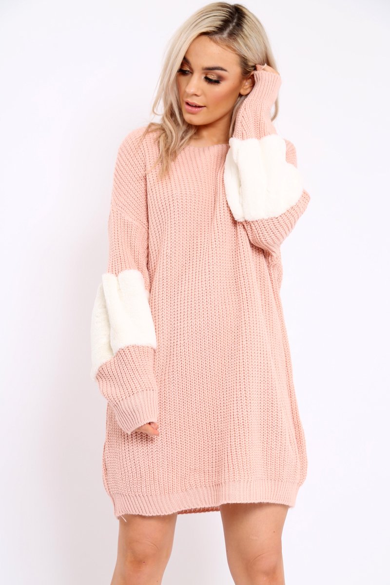 Rose Chunky Knit Fur Sleeve Jumper Dress - Jaycee-Knitwear