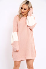 Rose Chunky Knit Fur Sleeve Jumper Dress - Jaycee-Knitwear