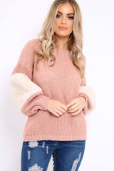 Rose Chunky Knit Fur Sleeve Jumper - Kimberly-Knitwear