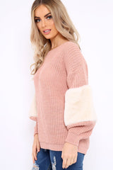 Rose Chunky Knit Fur Sleeve Jumper - Kimberly-Knitwear