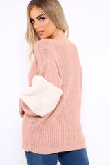Rose Chunky Knit Fur Sleeve Jumper - Kimberly-Knitwear