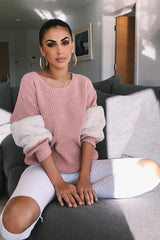 Rose Chunky Knit Fur Sleeve Jumper - Kimberly-Knitwear