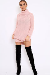 Rose Chunky Knit Roll Neck Cut Out Hem Jumper Dress - Catalina-Dresses
