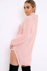 Rose Chunky Knit Roll Neck Cut Out Hem Jumper Dress - Catalina-Dresses